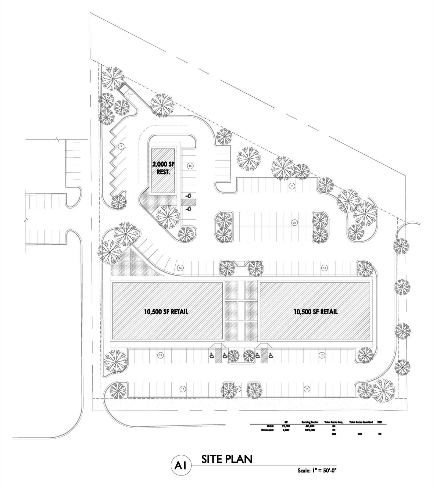 Concept site plan with two retail buildings and a restaurant pad
